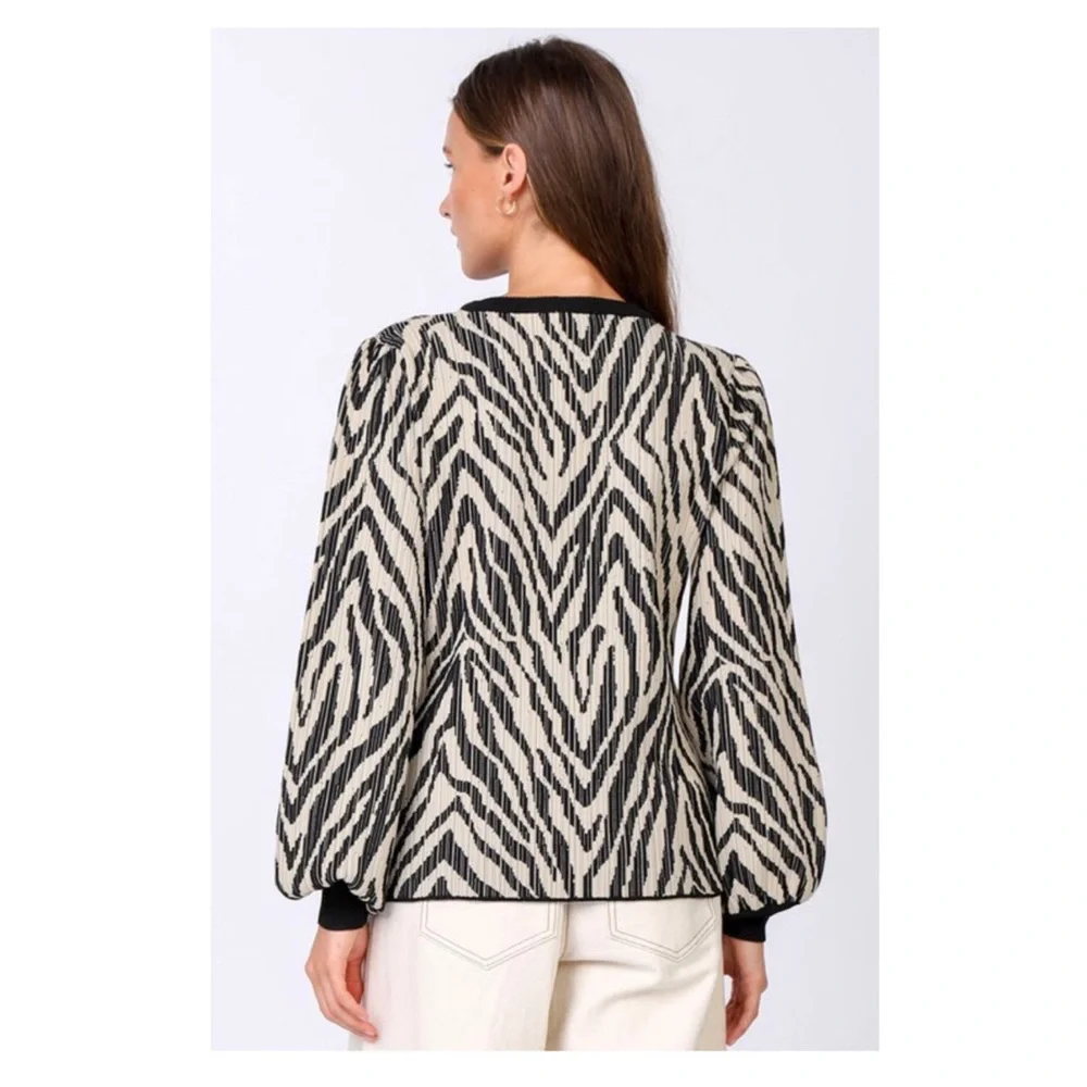 Anthropologie Current Air Zebra Print Balloon Sleeve Sweater in Taupe & Black